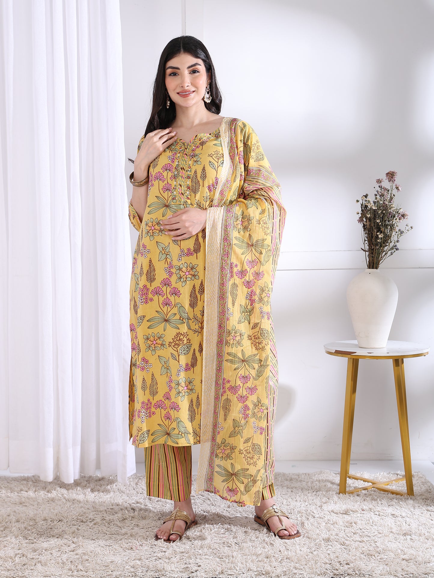Yash Gallery Women’s Yellow Floral Printed Cambric Cotton Kurta Set with Striped Pants & Dupatta