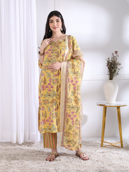Yash Gallery Women’s Yellow Floral Printed Cambric Cotton Kurta Set with Striped Pants & Dupatta