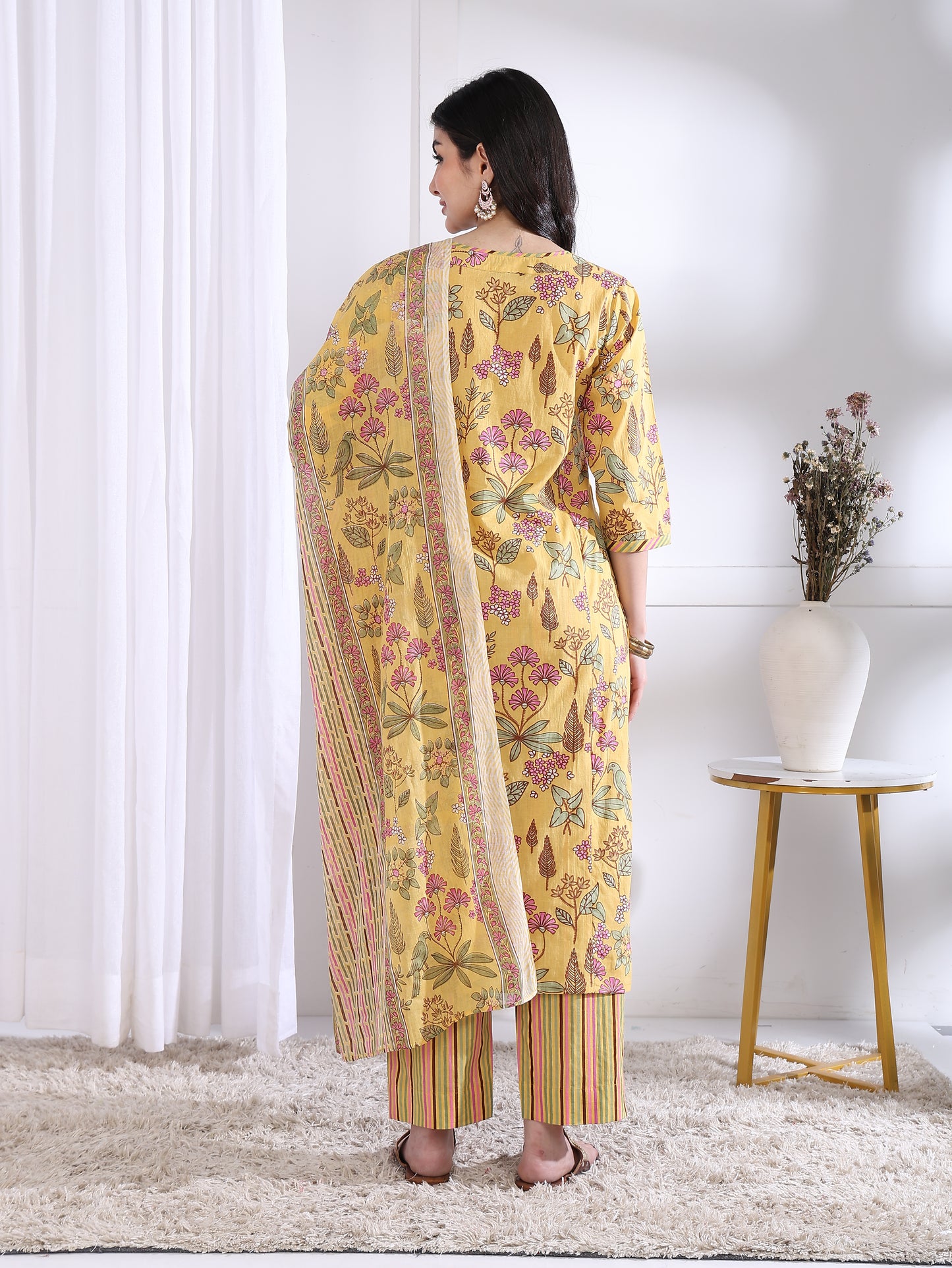 Yash Gallery Women’s Yellow Floral Printed Cambric Cotton Kurta Set with Striped Pants & Dupatta