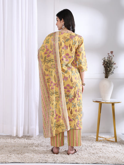 Yash Gallery Women’s Yellow Floral Printed Cambric Cotton Kurta Set with Striped Pants & Dupatta