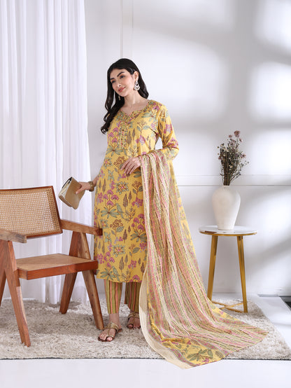 Yash Gallery Women’s Yellow Floral Printed Cambric Cotton Kurta Set with Striped Pants & Dupatta