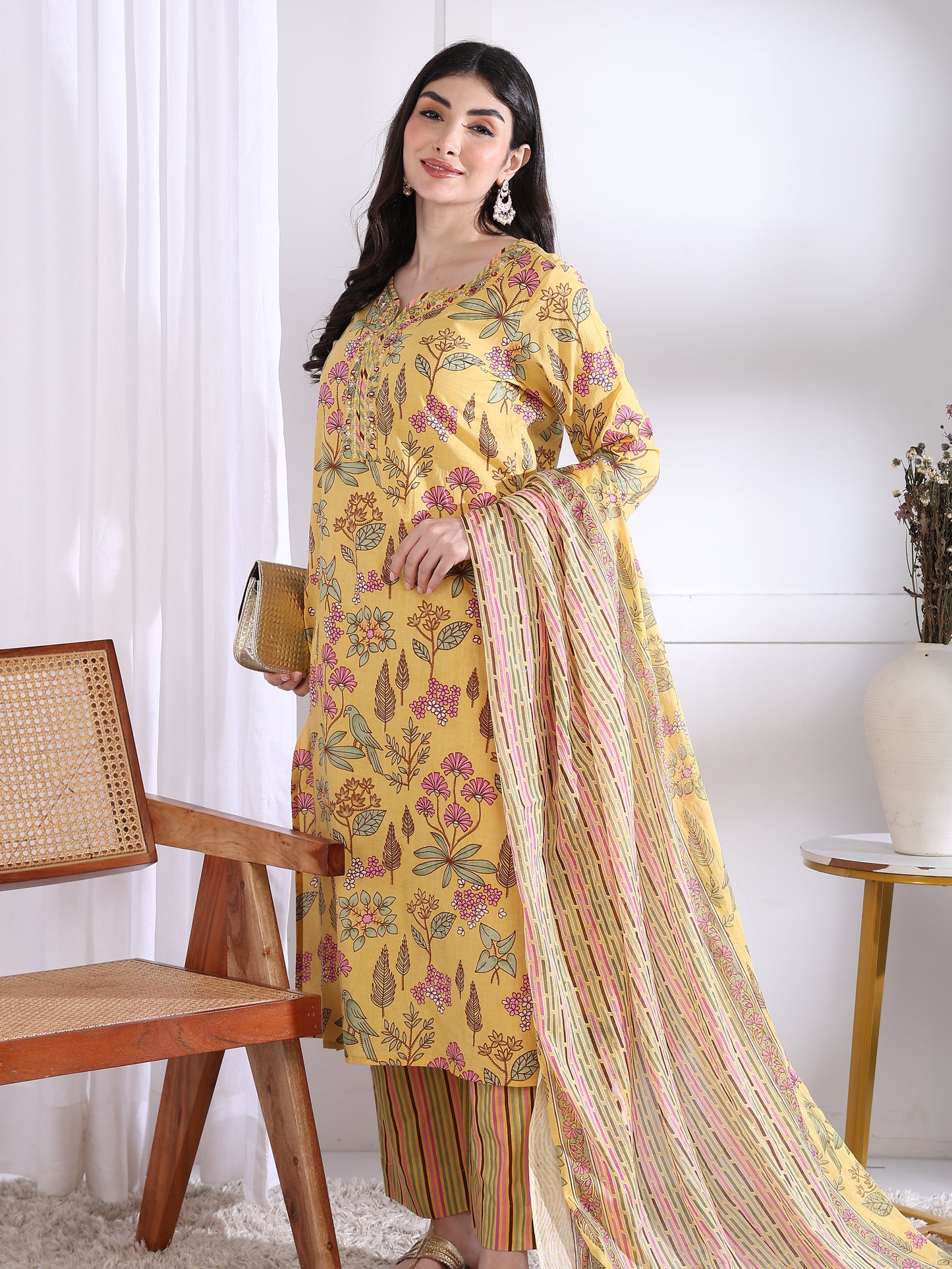Yash Gallery Women’s Yellow Floral Printed Cambric Cotton Kurta Set with Striped Pants & Dupatta