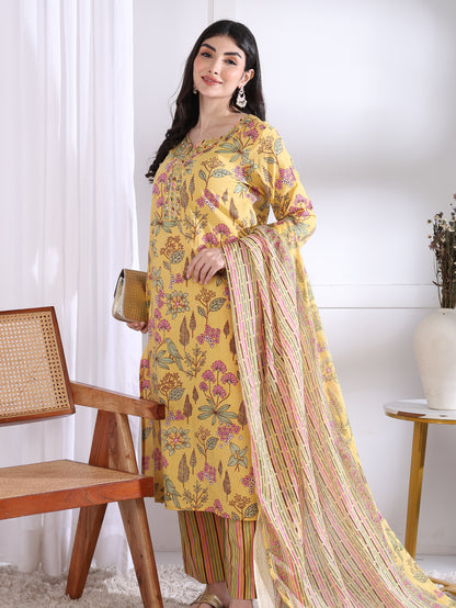 Yash Gallery Women’s Yellow Floral Printed Cambric Cotton Kurta Set with Striped Pants & Dupatta
