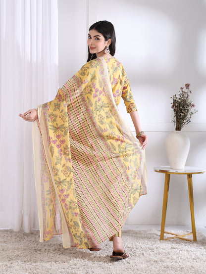 Yash Gallery Women’s Yellow Floral Printed Cambric Cotton Kurta Set with Striped Pants & Dupatta