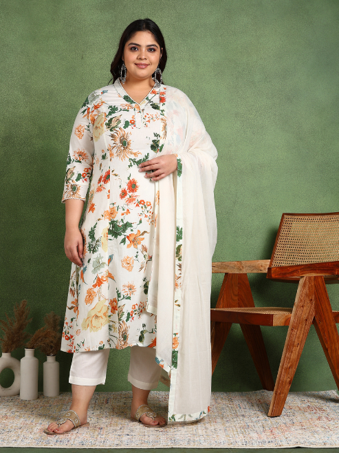 Yash Gallery Women's Cotton Cambric Floral Print Calf Length V-Neck With Lace Detaling  3/4 Sleeves Straight Kurta With Pant And Duptta