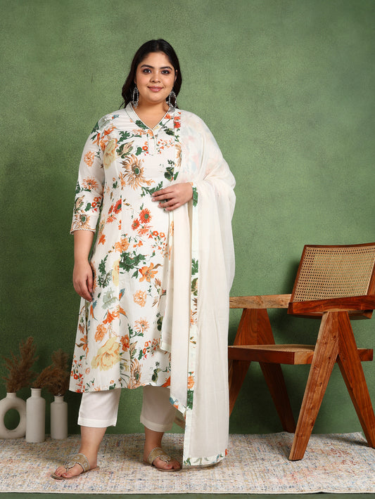 Yash Gallery Women's Cotton Cambric Floral Print Calf Length V-Neck With Lace Detaling  3/4 Sleeves Straight Kurta With Pant And Duptta