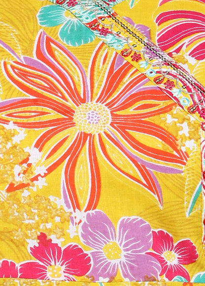 Yash Gallery Women’s Cotton Printed Anarkali Kurta with Dupatta and Pant Embroidered Neckline & 3/4 Sleeves (Yellow)