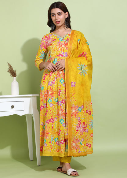 Yash Gallery Women’s Cotton Printed Anarkali Kurta with Dupatta and Pant Embroidered Neckline & 3/4 Sleeves (Yellow)
