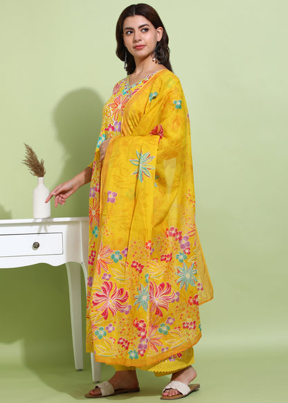 Yash Gallery Women’s Cotton Printed Anarkali Kurta with Dupatta and Pant Embroidered Neckline & 3/4 Sleeves (Yellow)