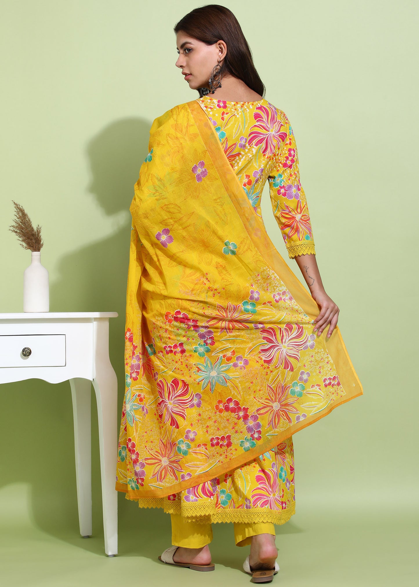 Yash Gallery Women’s Cotton Printed Anarkali Kurta with Dupatta and Pant Embroidered Neckline & 3/4 Sleeves (Yellow)