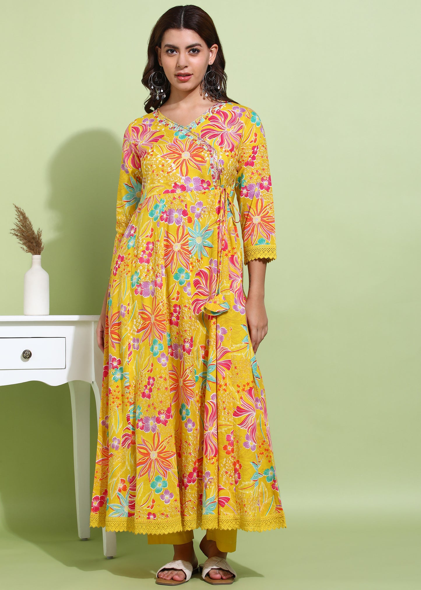 Yash Gallery Women’s Cotton Printed Anarkali Kurta with Dupatta and Pant Embroidered Neckline & 3/4 Sleeves (Yellow)