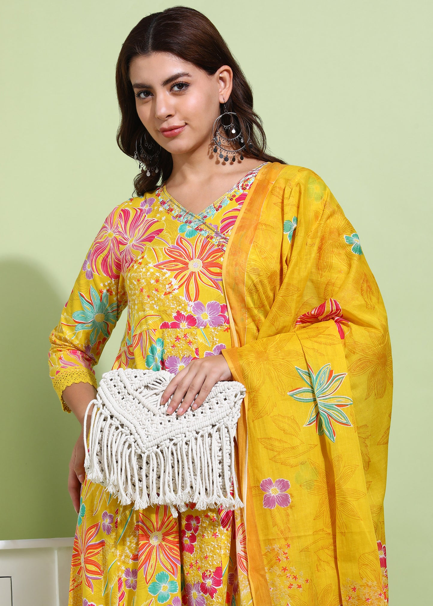 Yash Gallery Women’s Cotton Printed Anarkali Kurta with Dupatta and Pant Embroidered Neckline & 3/4 Sleeves (Yellow)