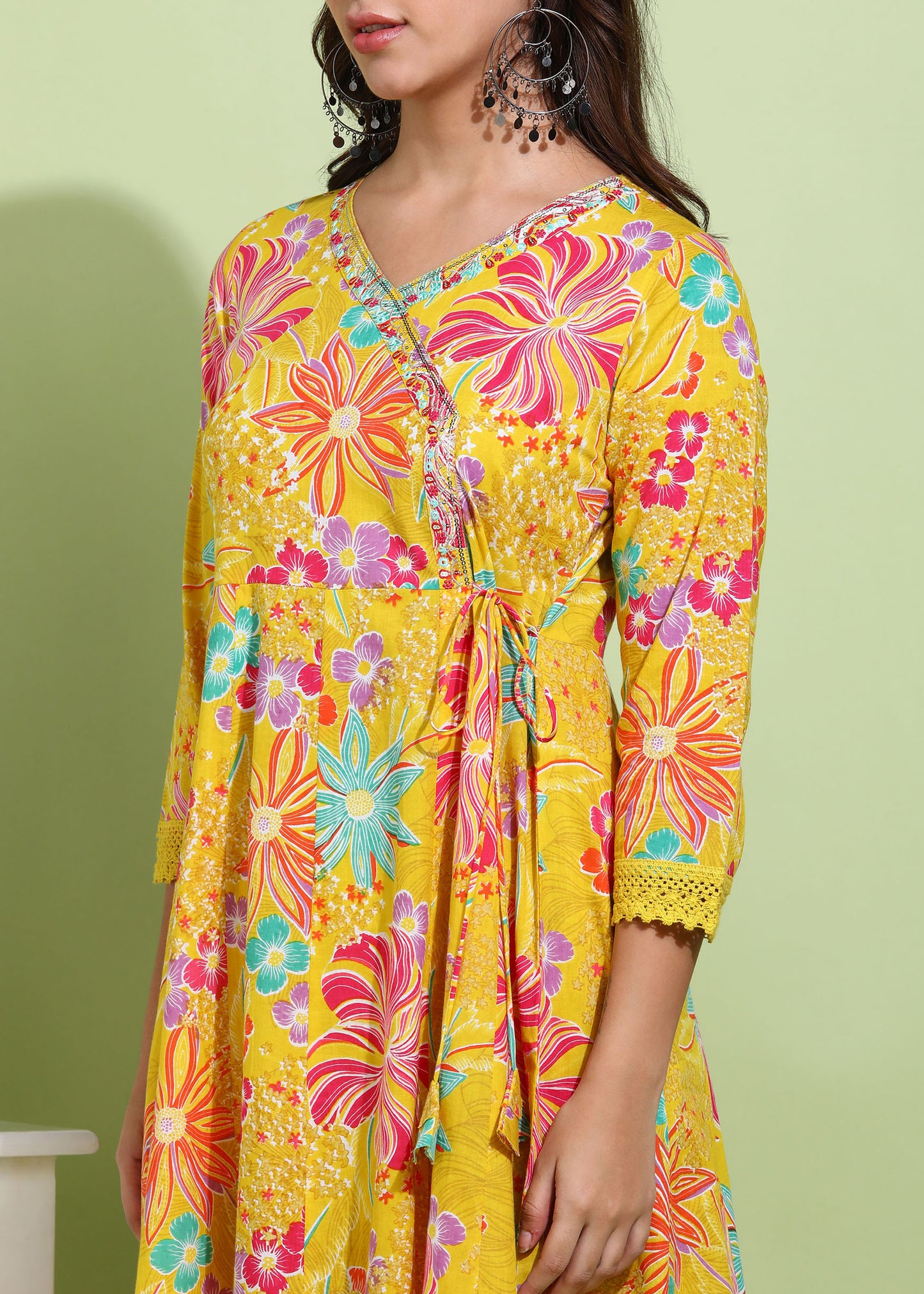 Yash Gallery Women’s Cotton Printed Anarkali Kurta with Dupatta and Pant Embroidered Neckline & 3/4 Sleeves (Yellow)