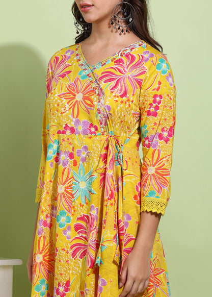 Yash Gallery Women’s Cotton Printed Anarkali Kurta with Dupatta and Pant Embroidered Neckline & 3/4 Sleeves (Yellow)