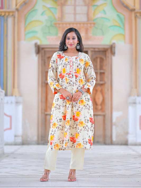 Yash Gallery Women's Cotton Slub Floral Print Calf Length Mandarin Collar Straight Kurta With Pant