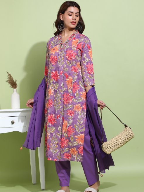 Yash Gallery Women's Purple Cotton Cambric Floral Print Calf Length V-Neck With Hand Work Detaliing 3/4 Sleeves Straight Kurta With Pant And Duptta (Purple)