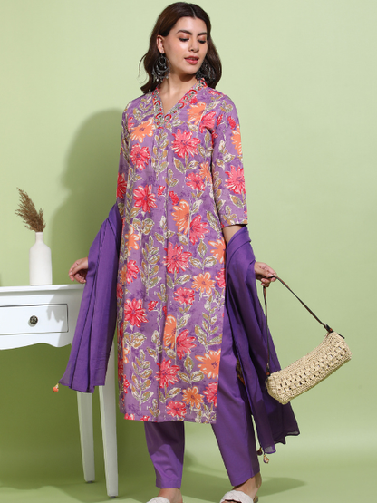 Yash Gallery Women's Purple Cotton Cambric Floral Print Calf Length V-Neck With Hand Work Detaliing 3/4 Sleeves Straight Kurta With Pant And Duptta (Purple)