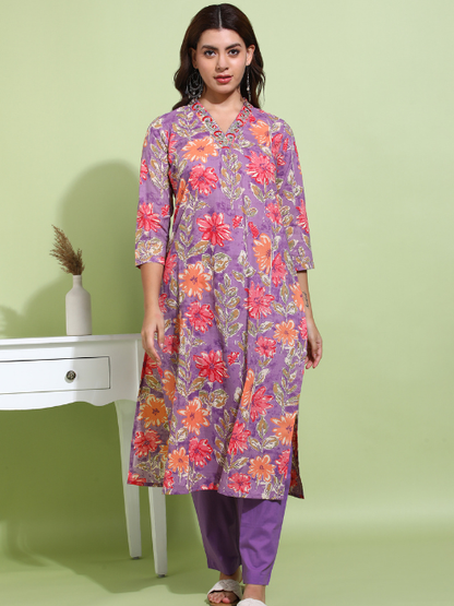 Yash Gallery Women's Purple Cotton Cambric Floral Print Calf Length V-Neck With Hand Work Detaliing 3/4 Sleeves Straight Kurta With Pant And Duptta (Purple)