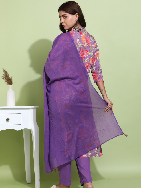 Yash Gallery Women's Purple Cotton Cambric Floral Print Calf Length V-Neck With Hand Work Detaliing 3/4 Sleeves Straight Kurta With Pant And Duptta (Purple)