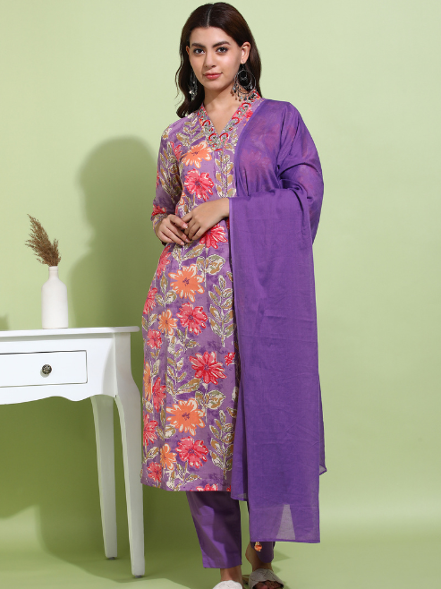 Yash Gallery Women's Purple Cotton Cambric Floral Print Calf Length V-Neck With Hand Work Detaliing 3/4 Sleeves Straight Kurta With Pant And Duptta (Purple)
