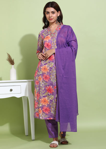 Yash Gallery Women's Purple Cotton Cambric Floral Print Calf Length V-Neck With Hand Work Detaliing 3/4 Sleeves Straight Kurta With Pant And Duptta (Purple)