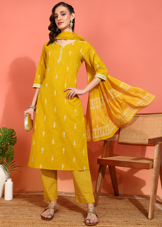 Yash Gallery Women's Mustard Cotton Slub Ikat Print Calf Length Notch Neck 3/4 Sleeves with Gota Detailing Straight Kurta With Pant And Duptta (Mustard)