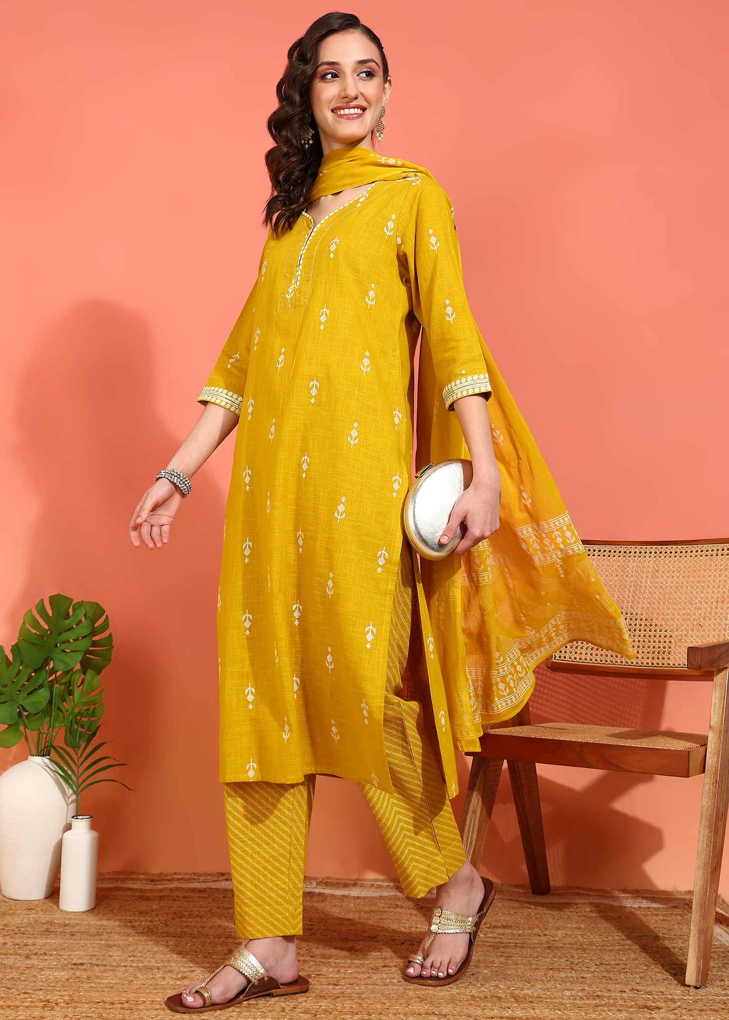 Yash Gallery Women's Mustard Cotton Slub Ikat Print Calf Length Notch Neck 3/4 Sleeves with Gota Detailing Straight Kurta With Pant And Duptta (Mustard)