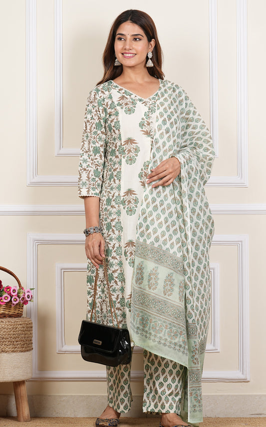 Yash Gallery Women's Cotton Cambric Floral Print Calf Length V-Neck With Lace And Potli Button Detaling 3/4 Sleeves Straight Kurta With Pant And Duptta (Multi)