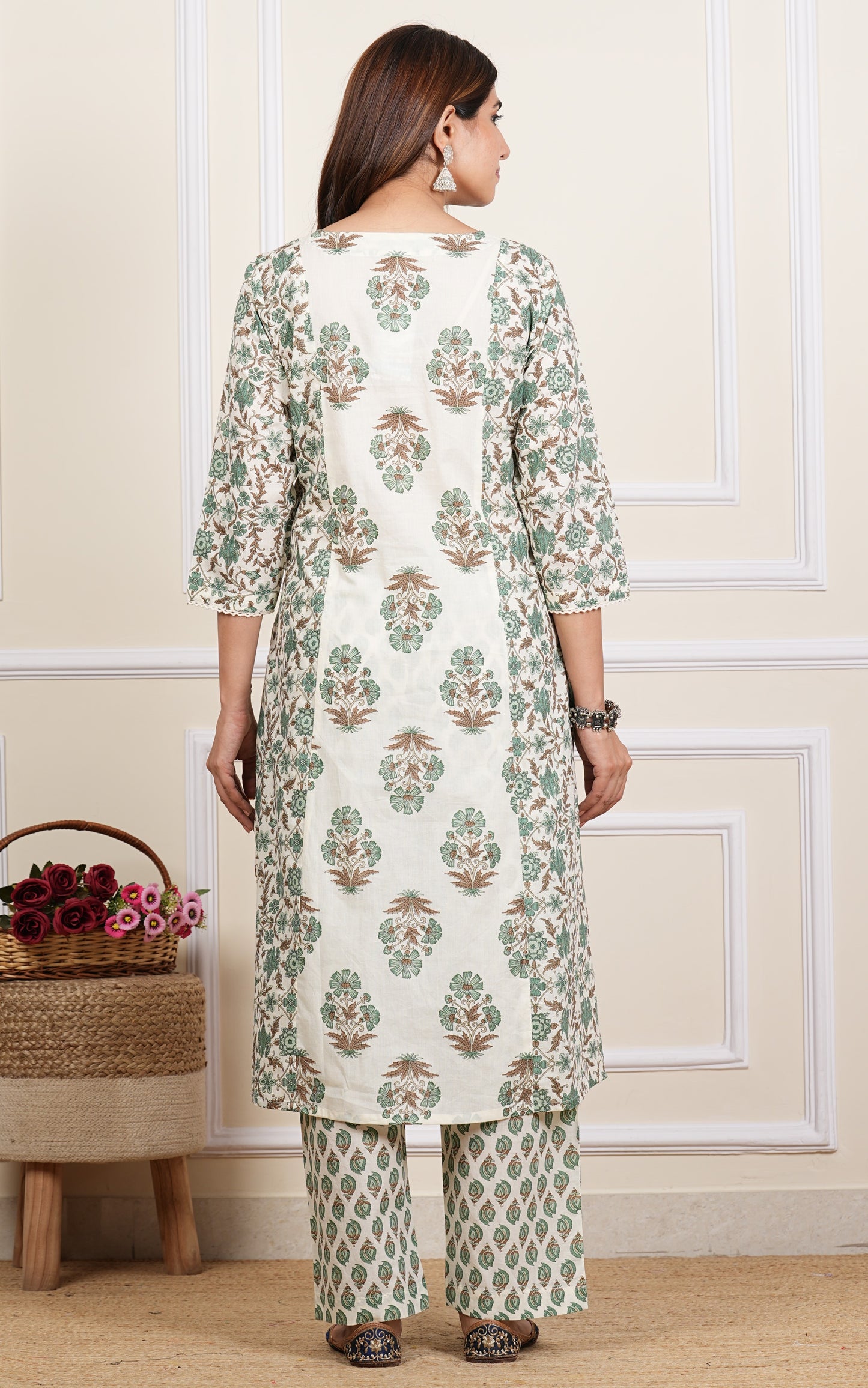 Yash Gallery Women's Cotton Cambric Floral Print Calf Length V-Neck With Lace And Potli Button Detaling 3/4 Sleeves Straight Kurta With Pant And Duptta (Multi)