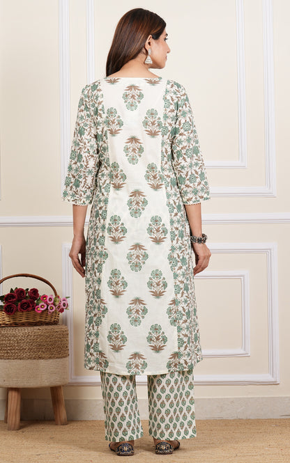 Yash Gallery Women's Cotton Cambric Floral Print Calf Length V-Neck With Lace And Potli Button Detaling 3/4 Sleeves Straight Kurta With Pant And Duptta (Multi)