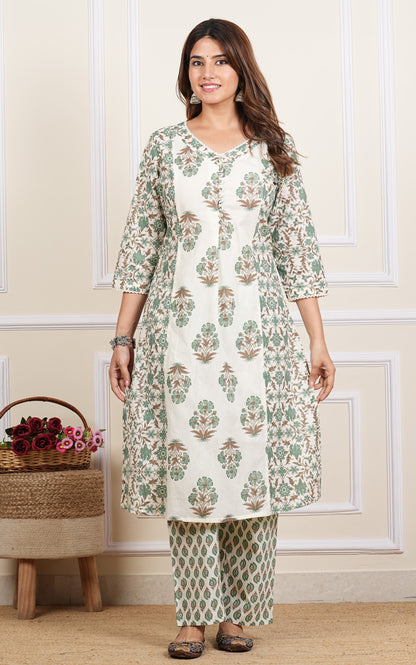 Yash Gallery Women's Cotton Cambric Floral Print Calf Length V-Neck With Lace And Potli Button Detaling 3/4 Sleeves Straight Kurta With Pant And Duptta (Multi)