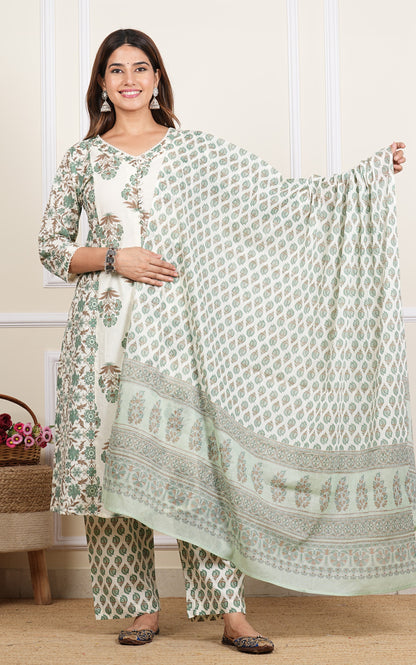 Yash Gallery Women's Cotton Cambric Floral Print Calf Length V-Neck With Lace And Potli Button Detaling 3/4 Sleeves Straight Kurta With Pant And Duptta (Multi)
