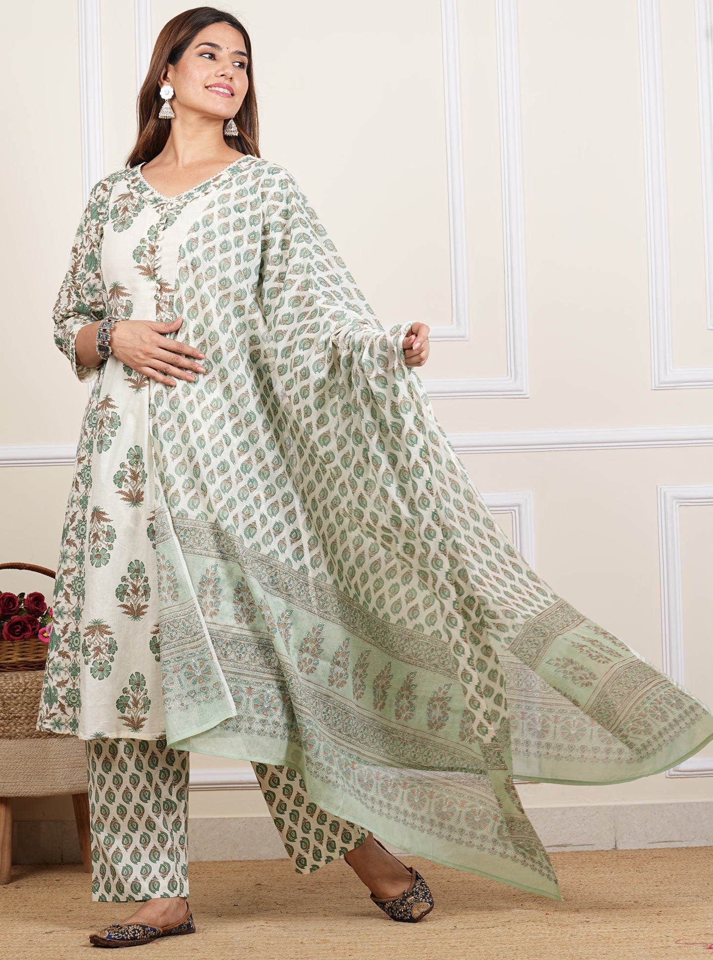 Yash Gallery Women's Cotton Cambric Floral Print Calf Length V-Neck With Lace And Potli Button Detaling 3/4 Sleeves Straight Kurta With Pant And Duptta (Multi)