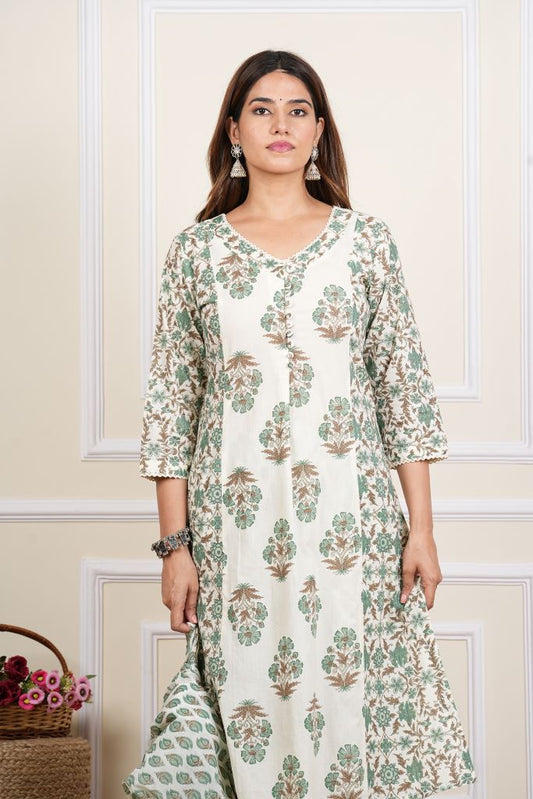 Yash Gallery Women's  Cotton Cambric Floral  Print  Calf Length  V-  Neck With  Lace And Potli Button  Detaling    3/4  Sleeves  Straight Kurta  With Pant  And Duptta