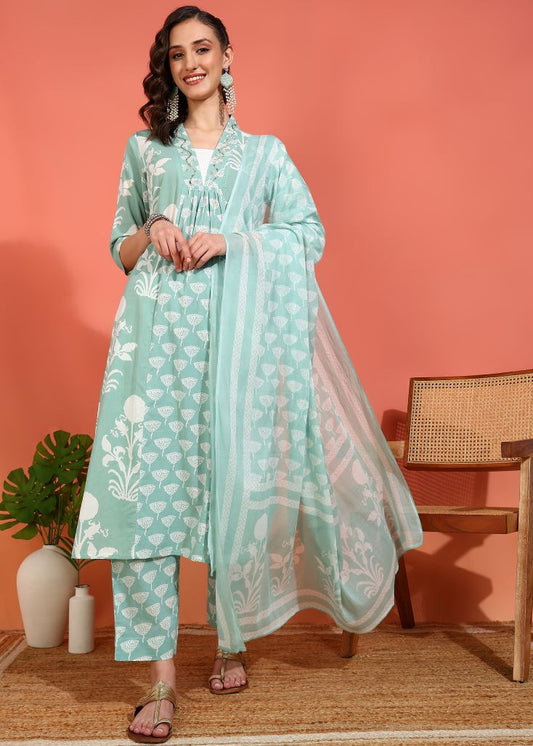 yash gallery womens cotton floral print with neck handwork calf length v neck 3 4th sleeve anarkali kurta and duptta