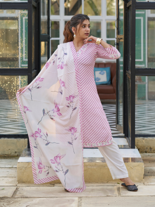 Yash Gallery Women’s Chinon Printed Kurta with Floral Embroidery V-Neck, 3/4 Sleeves, Matching Pant & Printed Dupatta (Pink)