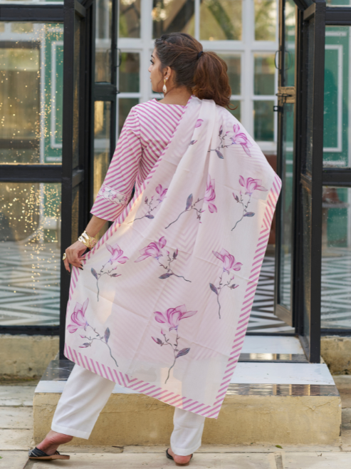 Yash Gallery Women’s Chinon Printed Kurta with Floral Embroidery V-Neck, 3/4 Sleeves, Matching Pant & Printed Dupatta (Pink)