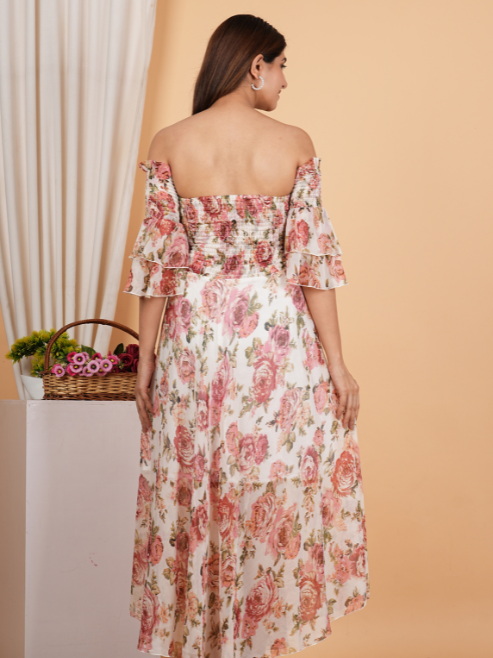 yash gallery womens floral chiffon maxi dress off shoulder neck with smocked summer dress multi
