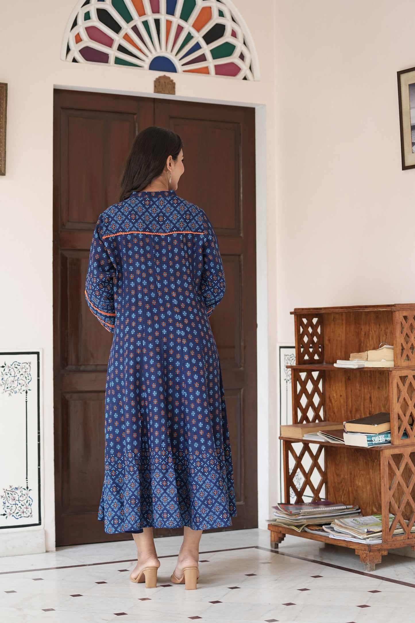 Yash Gallery Women's Printed Rayon  Calf Length Stand Collar  3/4th Sleeve With Lace Detailing  Anarkli Kurta  (Blue)