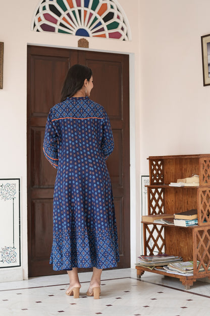 Yash Gallery Women's Printed Rayon  Calf Length Stand Collar  3/4th Sleeve With Lace Detailing  Anarkli Kurta  (Blue)