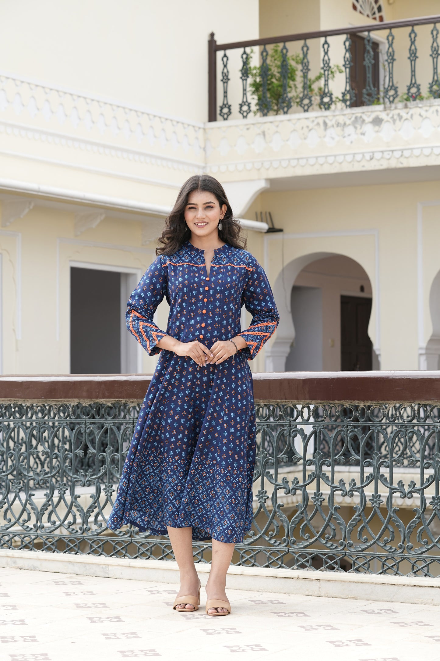Yash Gallery Women's Printed Rayon  Calf Length Stand Collar  3/4th Sleeve With Lace Detailing  Anarkli Kurta  (Blue)