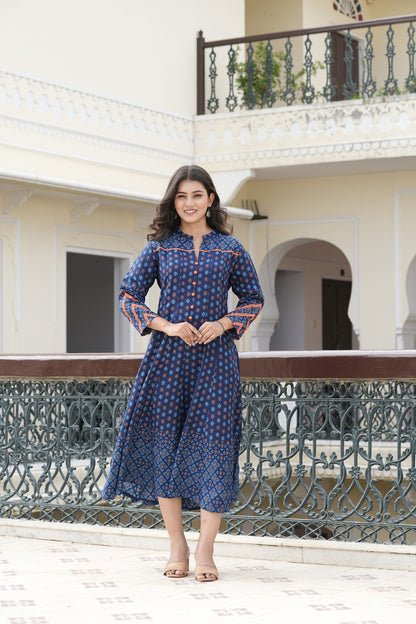 Yash Gallery Women's Printed Rayon  Calf Length Stand Collar  3/4th Sleeve With Lace Detailing  Anarkli Kurta  (Blue)