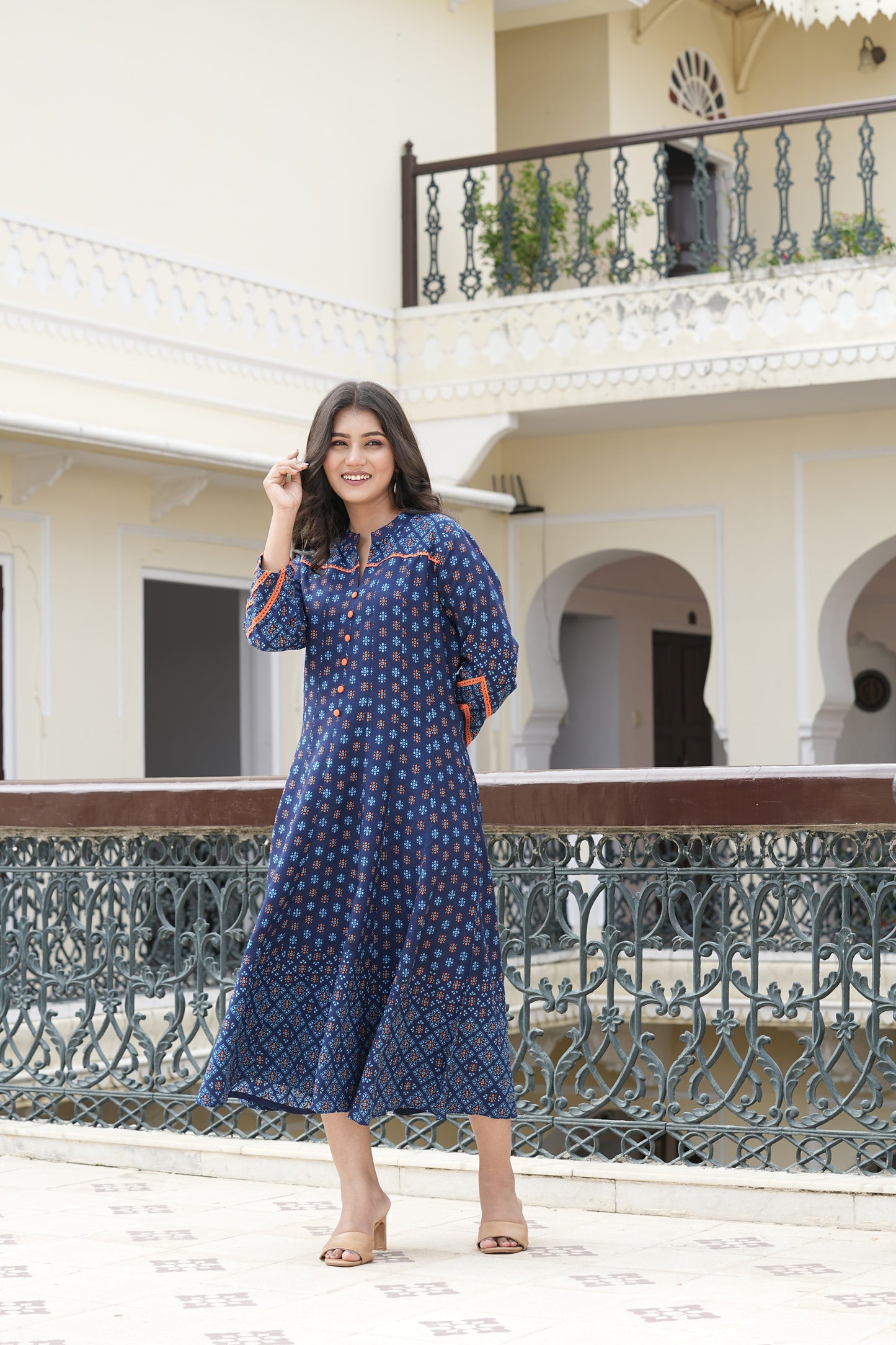 Yash Gallery Women's Printed Rayon  Calf Length Stand Collar  3/4th Sleeve With Lace Detailing  Anarkli Kurta  (Blue)