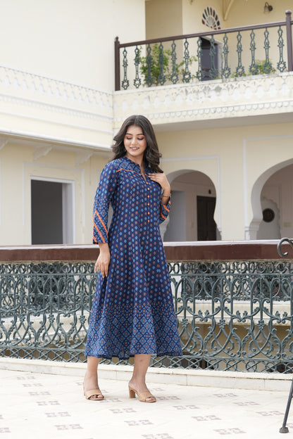 Yash Gallery Women's Printed Rayon  Calf Length Stand Collar  3/4th Sleeve With Lace Detailing  Anarkli Kurta  (Blue)