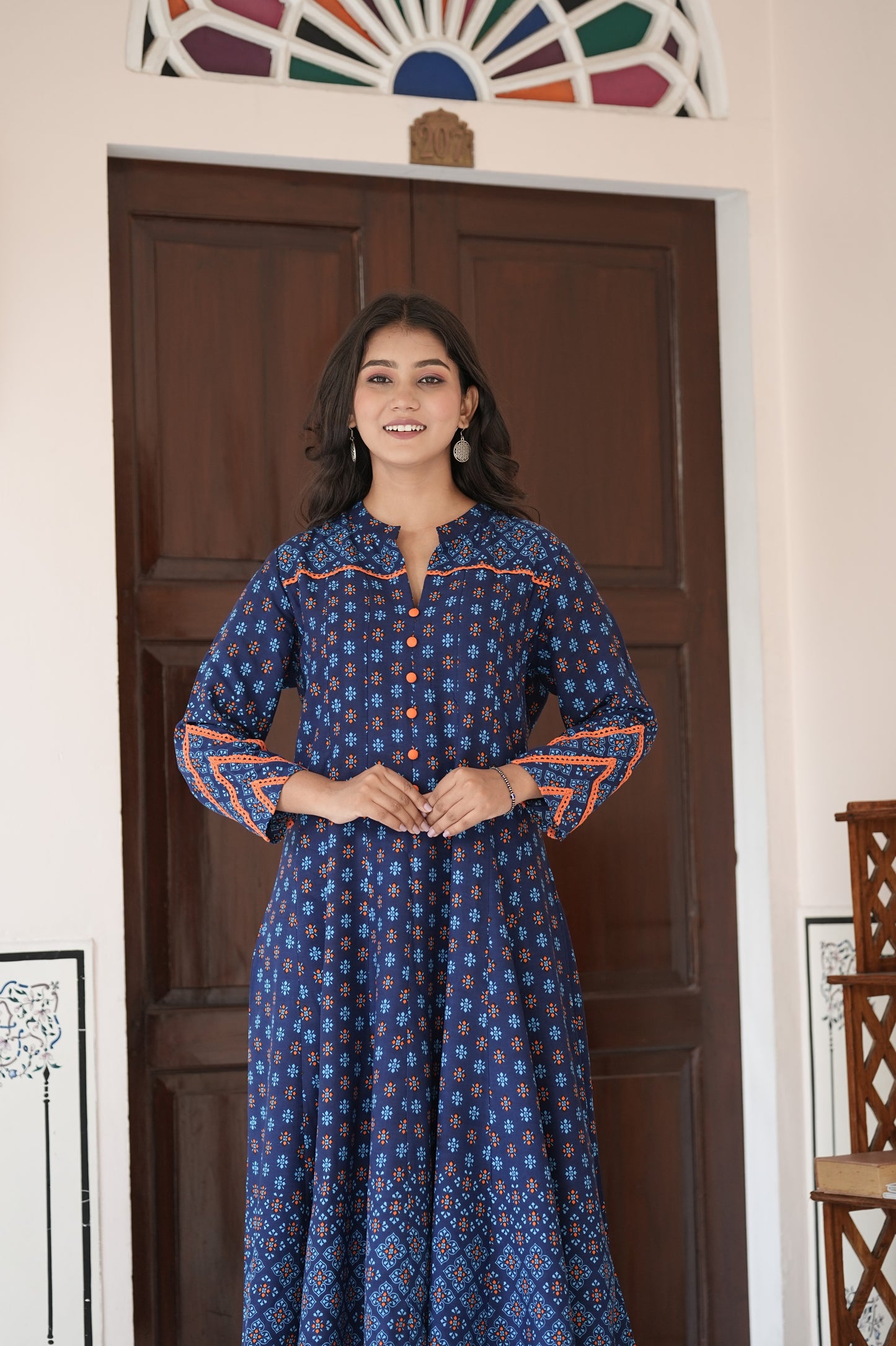 Yash Gallery Women's Printed Rayon  Calf Length Stand Collar  3/4th Sleeve With Lace Detailing  Anarkli Kurta  (Blue)