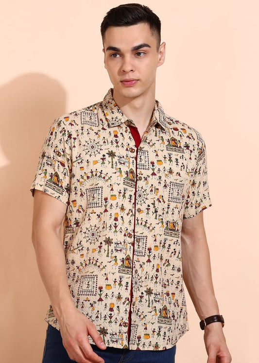 yash gallery mens cotton warli print regular shirt offwhite