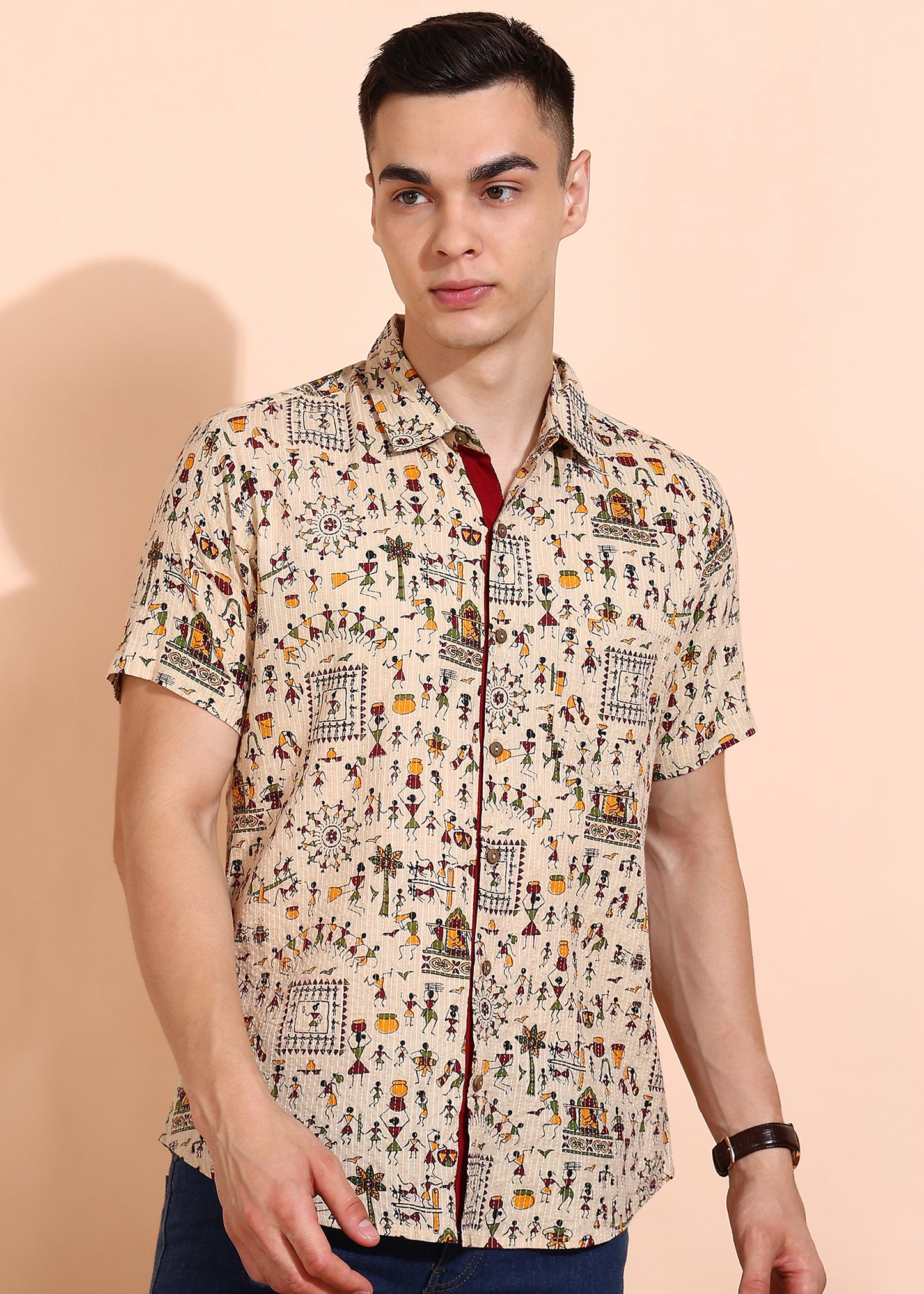 Yash Gallery Men's Cotton Cambric Handblock Print Regular Shirt (Mint)