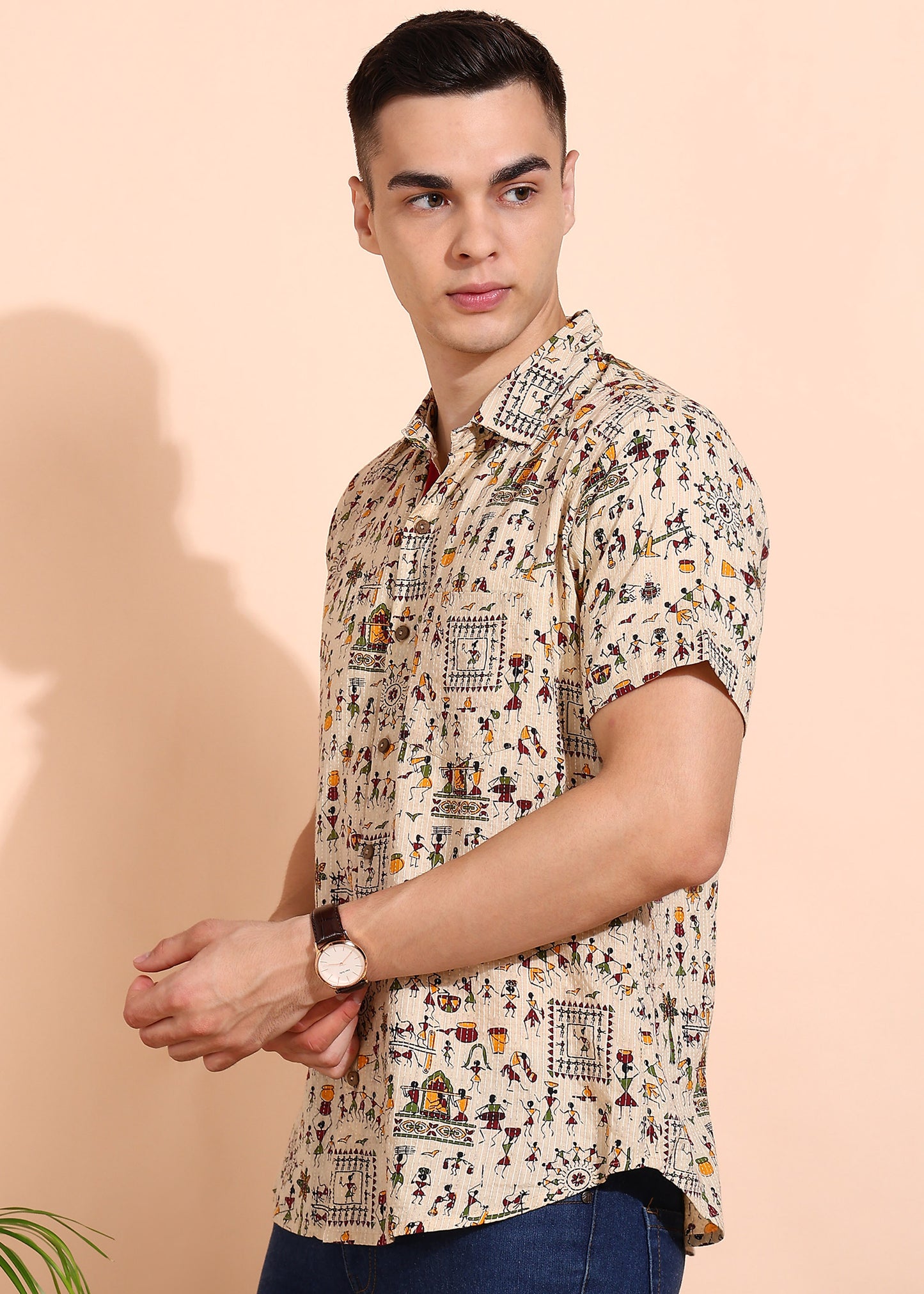 Yash Gallery Men's Cotton Cambric Handblock Print Regular Shirt (Mint)