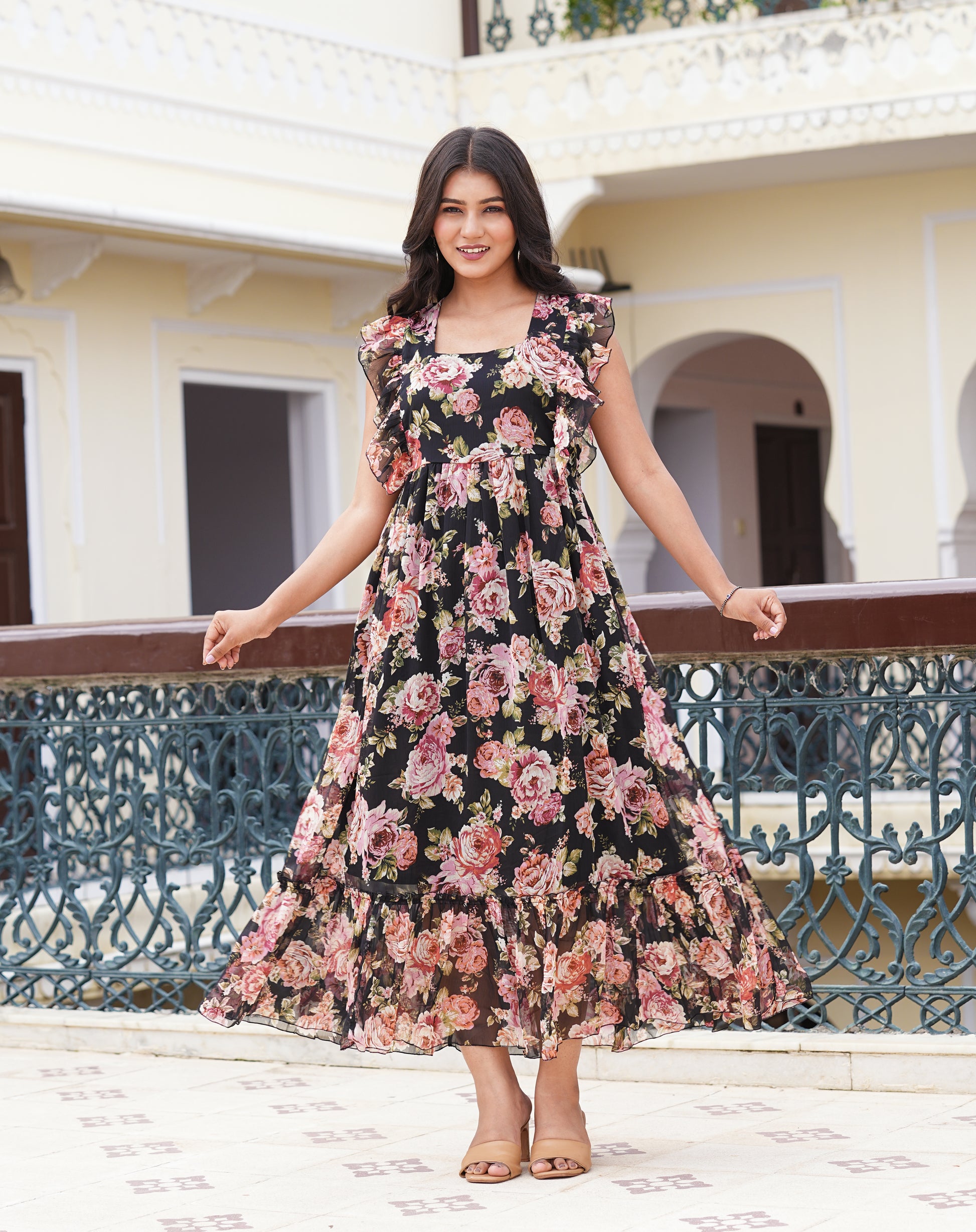 Yash Gallery Women's Chiffon Floral Printed Maxi Length Square Neck Sl Yash Gallery Women's Chiffon Floral Printed Maxi Length Square Neck Sl