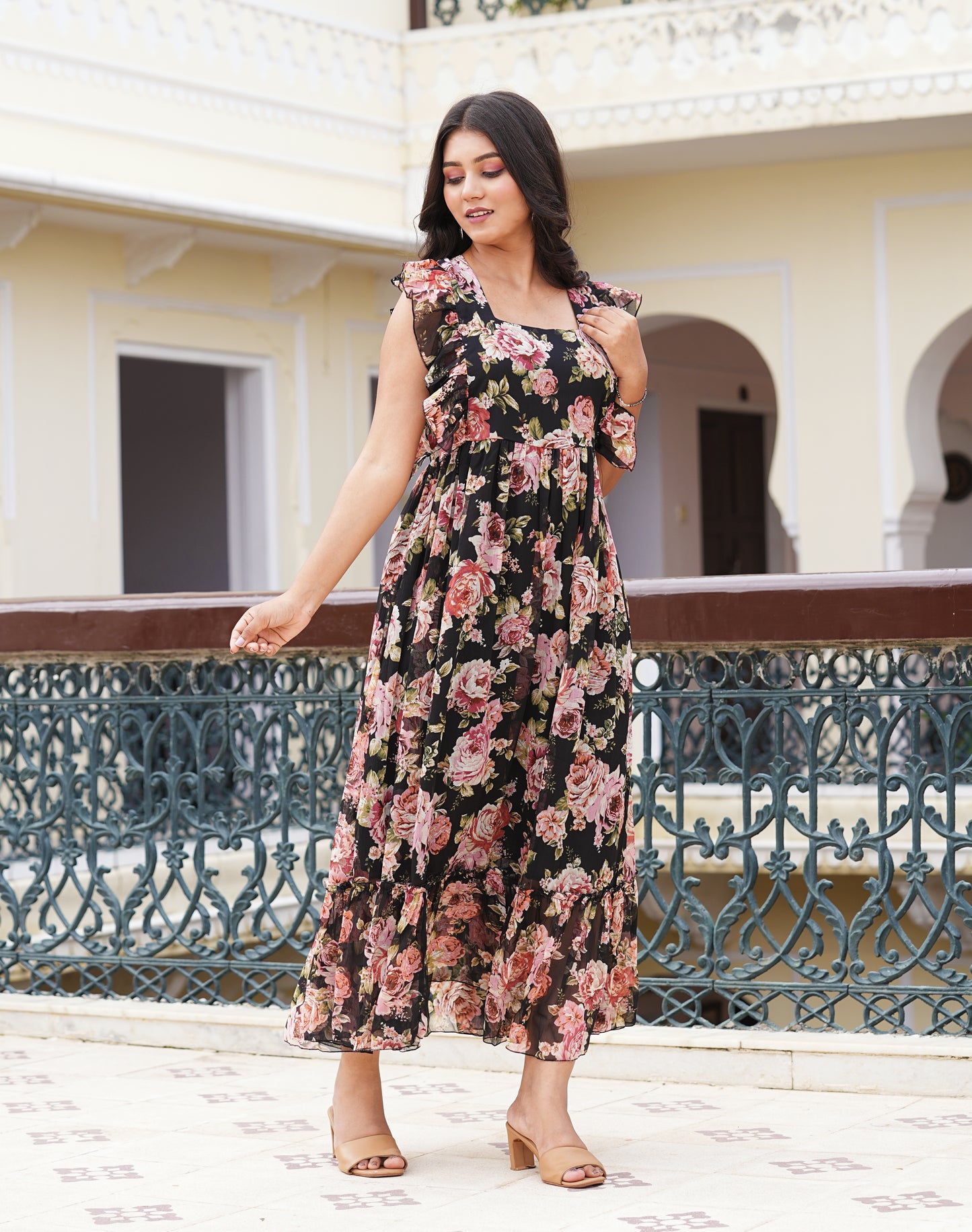 Yash Gallery Women's Chiffon Floral Printed Maxi Length Square Neck Sleeveless Summer Dress